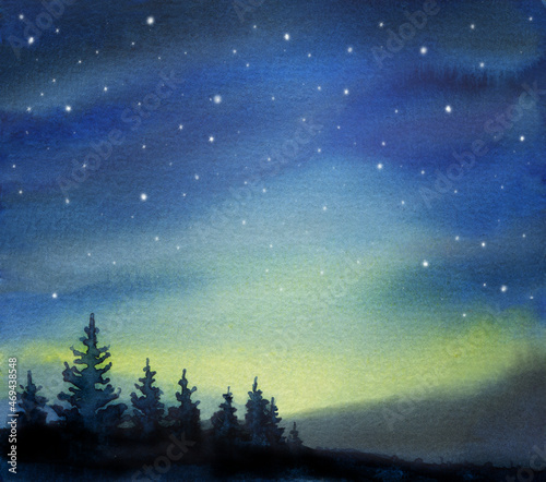 Watercolor illustration of peaceful spruce trees and blue night starry sky, background for creative design, print, winter greeting card, hand drawn water color drawing .