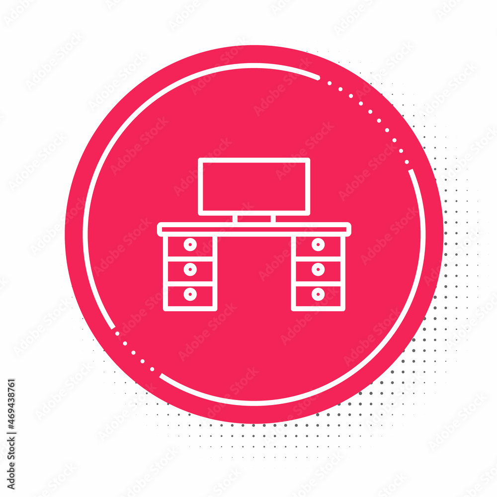 White line Office desk icon isolated on white background. Red circle button. Vector White line Office desk icon isolated on white background. Red circle button. Vector