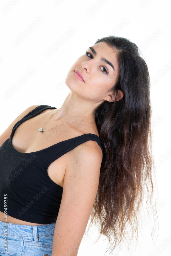 pretty beautiful cute cheerful long hair woman looking at camera on white background pretty beautiful cute cheerful long hair woman looking at camera on white background