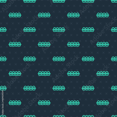 Green line Teeth with braces icon isolated seamless pattern on blue background. Alignment of bite of teeth, dental row with with braces. Dental concept. Vector