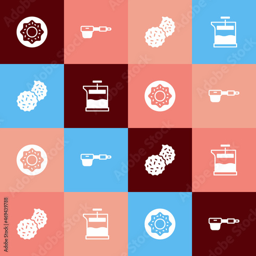 Set pop art Donut, Coffee filter holder, Cookie or biscuit and French press icon. Vector