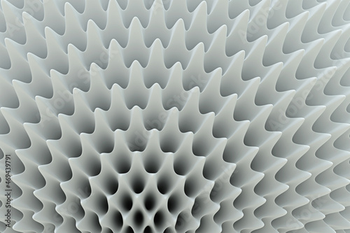 Hedgehog-like deeply porous white structure consisting of protruding peaks of streamlined needles arranged in regular waving rows on spherical surface, 3D illustration. Abstract geometric background.