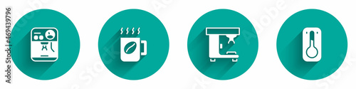 Set Coffee machine, cup, and thermometer icon with long shadow. Vector