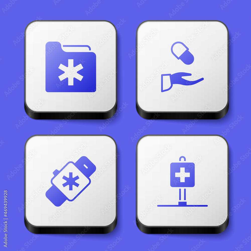 Set Medical health record folder, prescription, Smart watch with heart and Location hospital icon. White square button. Vector Set Medical health record folder, prescription, Smart watch with heart and Location hospital icon. White square button. Vector