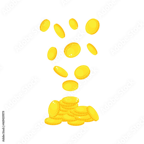 Heap of gold coins. Coins fall from above into a pile of money. Gold metallic money, no denomination, no currency. Vector illustration, flat minimal cartoon color design, isolated on white background.