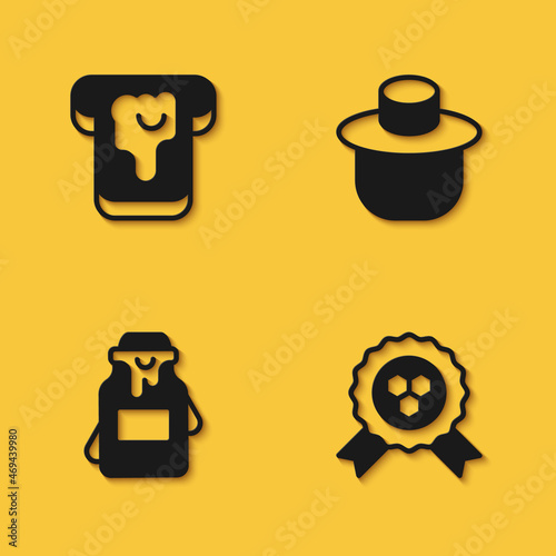 Set Bread with honey, Honey award, Jar of and Beekeeper protect hat icon with long shadow. Vector