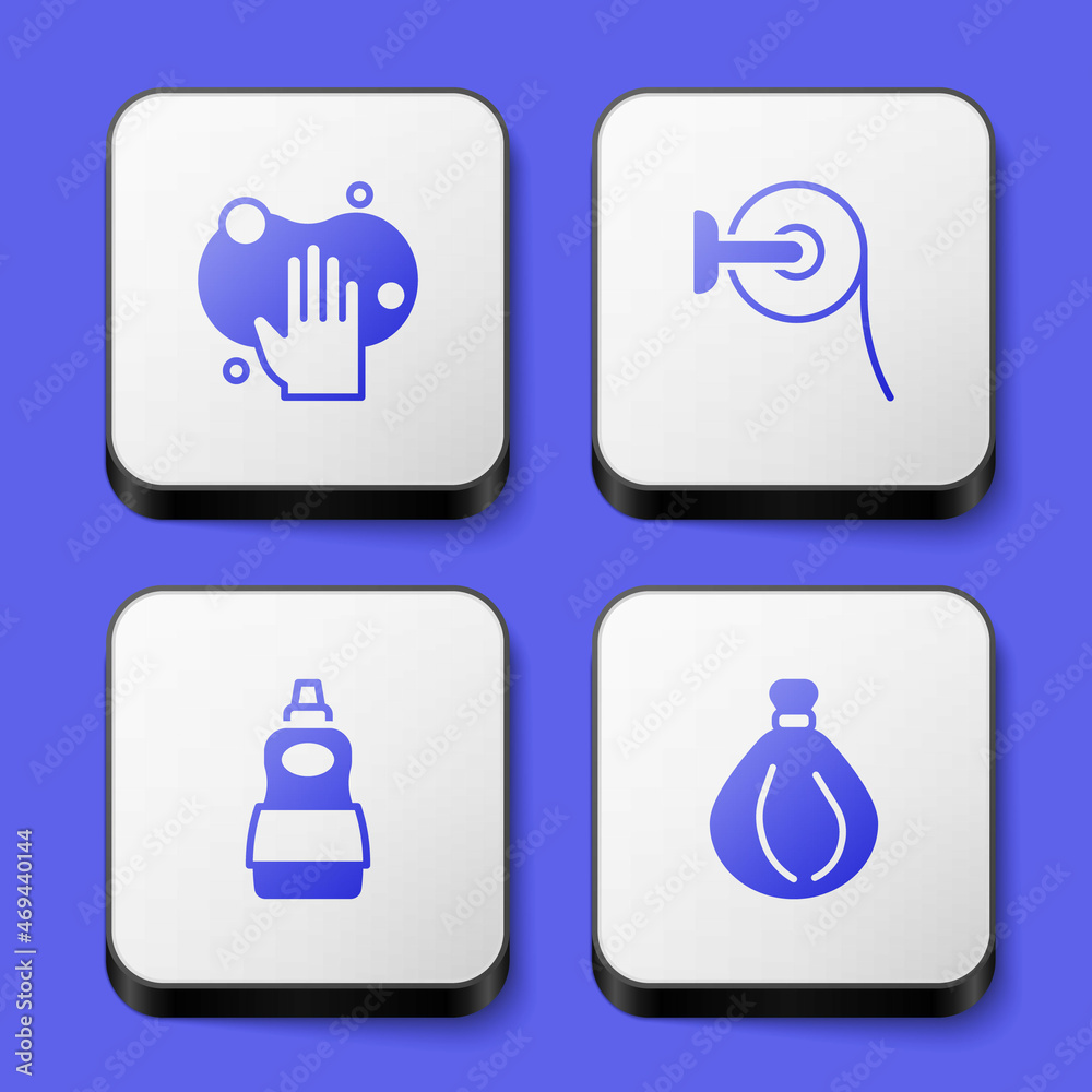 Set Sponge, Toilet paper roll, Dishwashing liquid bottle and Garbage bag icon. White square button. Vector Set Sponge, Toilet paper roll, Dishwashing liquid bottle and Garbage bag icon. White square button. Vector