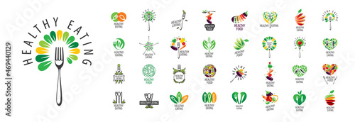 A set of vector healthy food logos on a white background