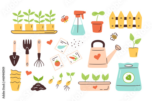 Seeds and seedlings. Germination of sprouts. Tools, pots and soil for planting. Spring sowing works. Set of hand drawn vector illustration isolated on white background.