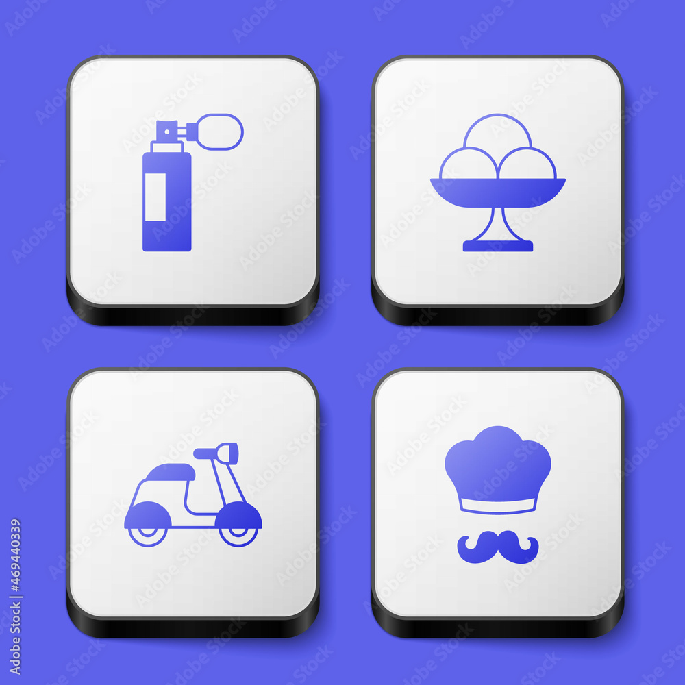 Set Perfume, Ice cream in the bowl, Scooter and Italian cook icon. White square button. Vector Set Perfume, Ice cream in the bowl, Scooter and Italian cook icon. White square button. Vector