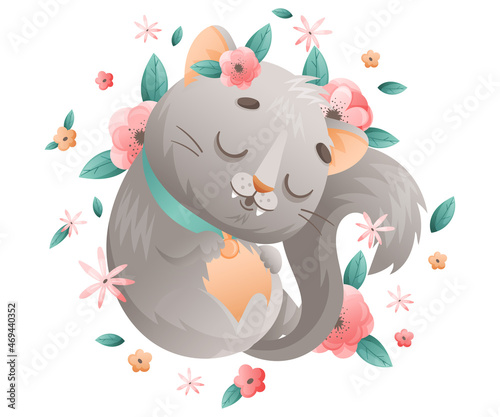 Cute Grey Cat with Flowers Cuddling and Sleeping Vector Illustration