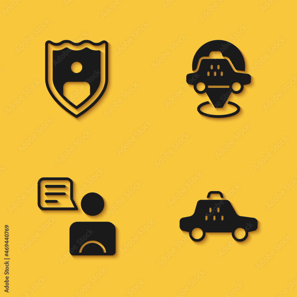 Set Life insurance with shield, Taxi car, driver and Location taxi icon with long shadow. Vector Set Life insurance with shield, Taxi car, driver and Location taxi icon with long shadow. Vector