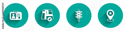 Set Taxi driver license, Location taxi car, Traffic light and with star icon with long shadow. Vector