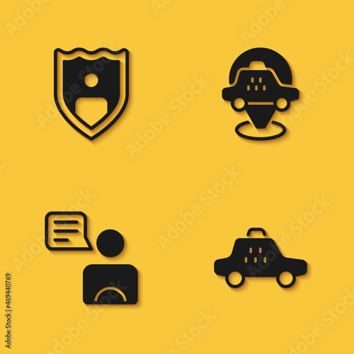 Set Life insurance with shield, Taxi car, driver and Location taxi icon with long shadow. Vector