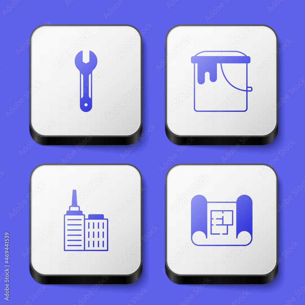 Set Wrench spanner, Paint bucket, City landscape and House plan icon. White square button. Vector