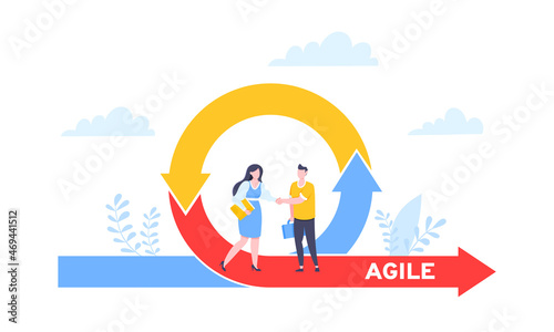 Agile development methodology business concept flat style design vector illustration isolated on white background. Agile life cycle for software development diagram. Business people run into project.