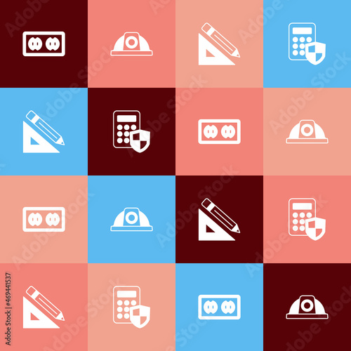 Set pop art Electrical outlet, Worker safety helmet, Triangular ruler and pencil and Security keypad access panel icon. Vector