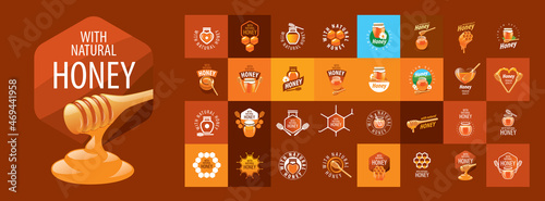 A set of vector honey logos on different colored backgrounds