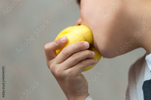 Child, little boy eating apple fruit