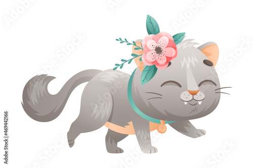 Cute Grey Cat with Flowers on Its Head and Neck Collar Walking Vector Illustration © Happypictures
