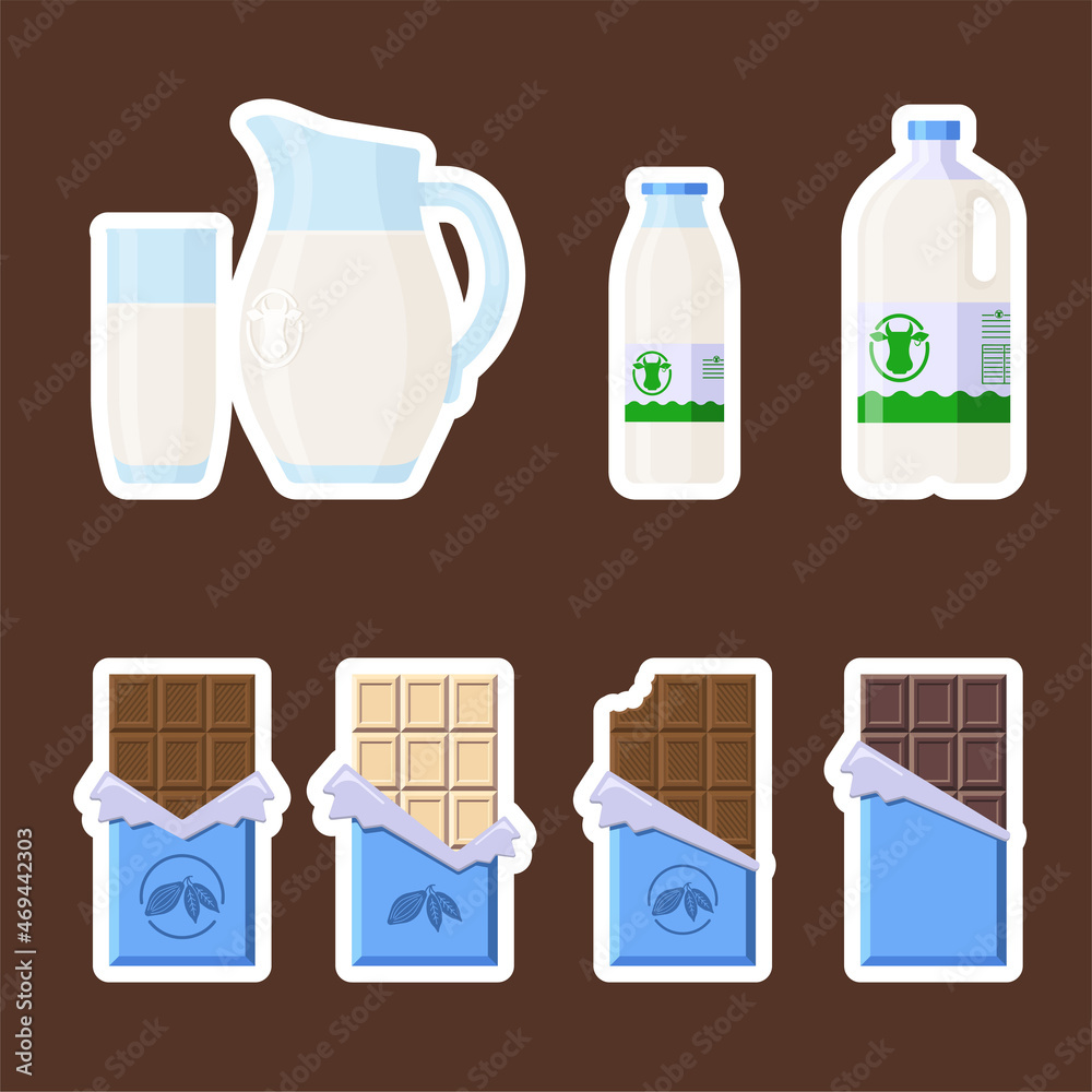 Milk and Chocolate Stickers Set. Flat Style. Collection of Candy Bars and Dairy products in different package for logo, print, recipe, menu, decor and decoration Milk and Chocolate Stickers Set. Flat Style. Collection of Candy Bars and Dairy products in different package for logo, print, recipe, menu, decor and decoration
