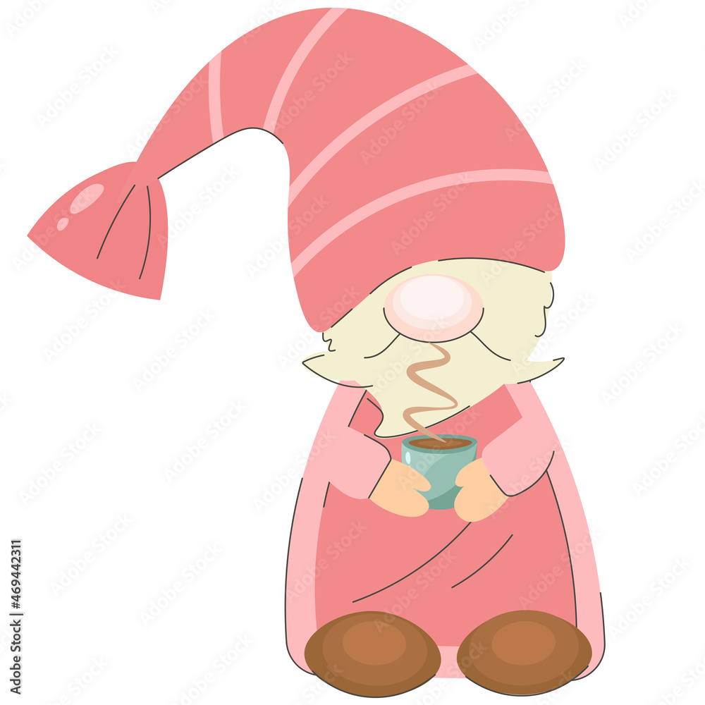 Vector isolated illustration of a gnome holding a cup of coffee. A cute gnome in rocha clothes with a blue mug of hot drink.