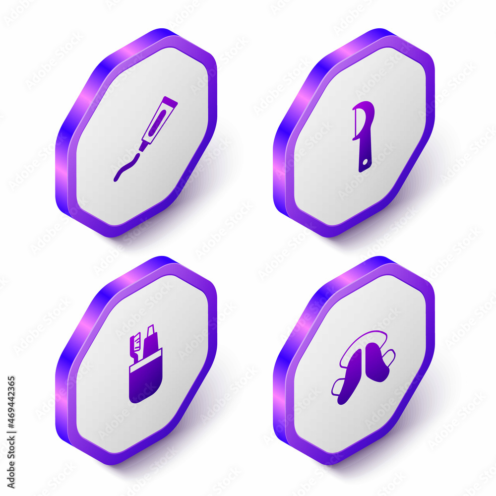 Set Isometric Tube of toothpaste, Dental floss, Toothbrush and and plate icon. Purple hexagon button. Vector Set Isometric Tube of toothpaste, Dental floss, Toothbrush and and plate icon. Purple hexagon button. Vector