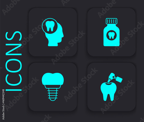 Set Tooth with caries and drill, Toothache, painkiller tablet and Dental implant icon. Black square button. Vector