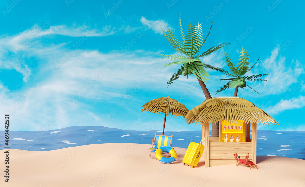 shop store cafe with ice cream showcases or fridge,suitcase, umbrella,palm tree,lifebuoy,beach chair,umbrella,seaside isolated on blue sky background.summer travel concept,3d illustration or 3d render