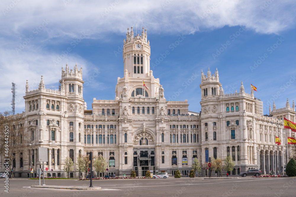Palace of Cibeles. Madrid. Spain. Monumental building inaugurated in 1909, currently the seat of the city council. - obrazy, fototapety, plakaty 