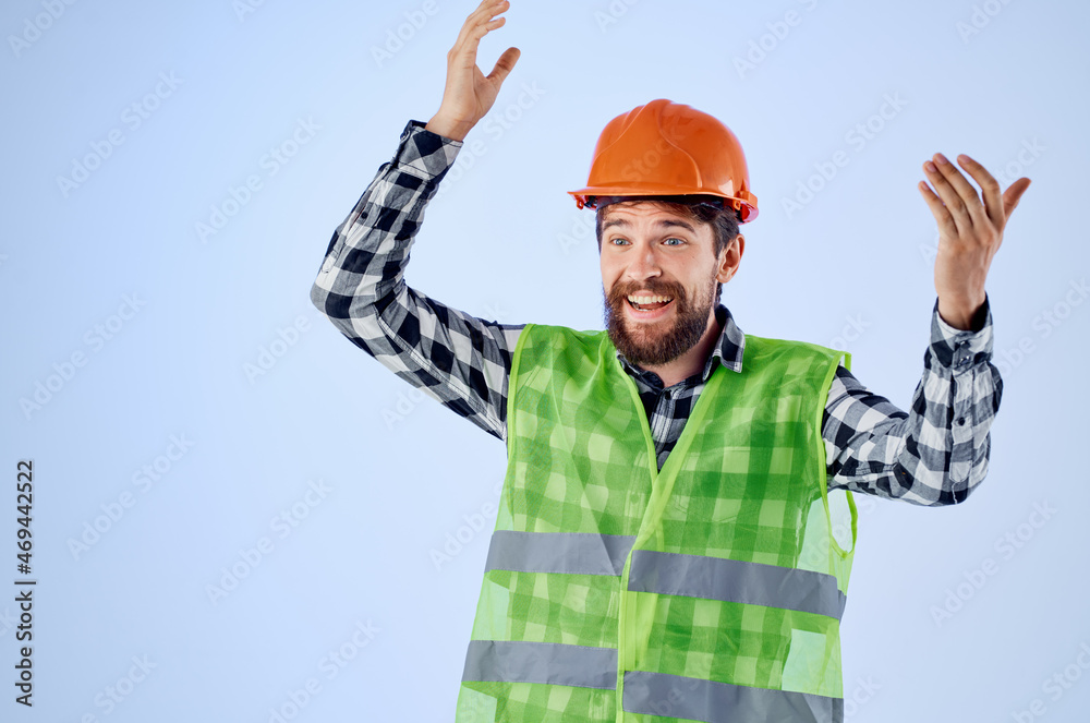 emotional man in working uniform construction building profession blue background emotional man in working uniform construction building profession blue background