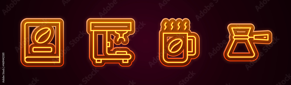 Set line Coffee book, machine, cup and turk. Glowing neon icon. Vector Set line Coffee book, machine, cup and turk. Glowing neon icon. Vector