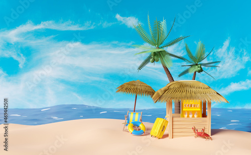 shop store cafe with ice cream showcases or fridge,suitcase, umbrella,palm tree,lifebuoy,beach chair,umbrella,seaside isolated on blue sky background.summer travel concept,3d illustration or 3d render