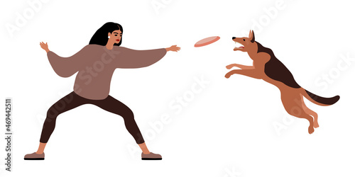 A young pretty girl is playing frisbee with a shepherd dog. The owner trains his pet. A fun game. Color vector illustration isolated on a white background in a cartoon and flat design.