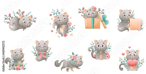 Cute Grey Cat with Flowers Holding Red Heart and Gift Box Vector Set