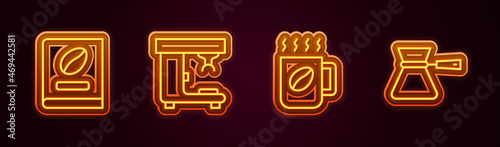 Set line Coffee book, machine, cup and turk. Glowing neon icon. Vector
