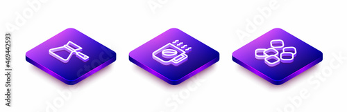 Set Isometric line Coffee turk, cup and Sugar cubes icon. Vector