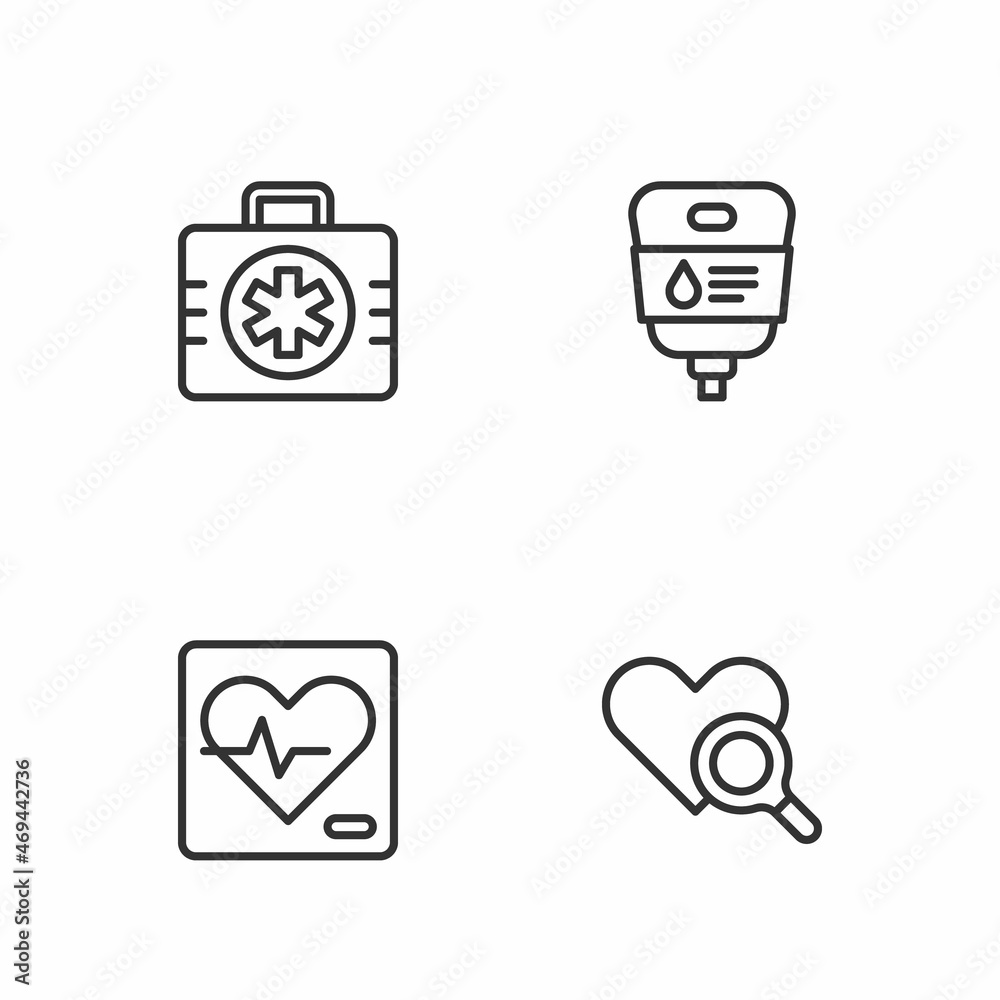 Fototapeta premium Set line Medical heart inspection, Heart rate, First aid kit and IV bag icon. Vector