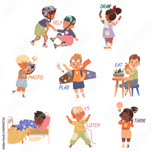 Cute boys and girls doing different activities set. Verbs expressing action, children education concept cartoon vector illustration