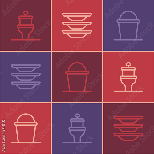 Set line Toilet bowl, Bucket and Washing dishes icon. Vector © Iryna