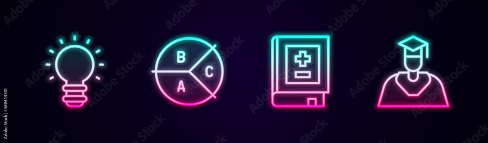 Set line Creative lamp light idea, Pie chart infographic, Book with mathematics and Graduate and graduation cap. Glowing neon icon. Vector Set line Creative lamp light idea, Pie chart infographic, Book with mathematics and Graduate and graduation cap. Glowing neon icon. Vector