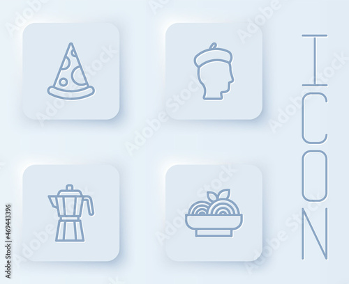 Set line Slice of pizza, French man, Coffee maker moca pot and Pasta spaghetti. White square button. Vector