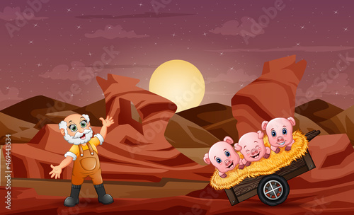 Old farmer with three pigs in the desert illustration
