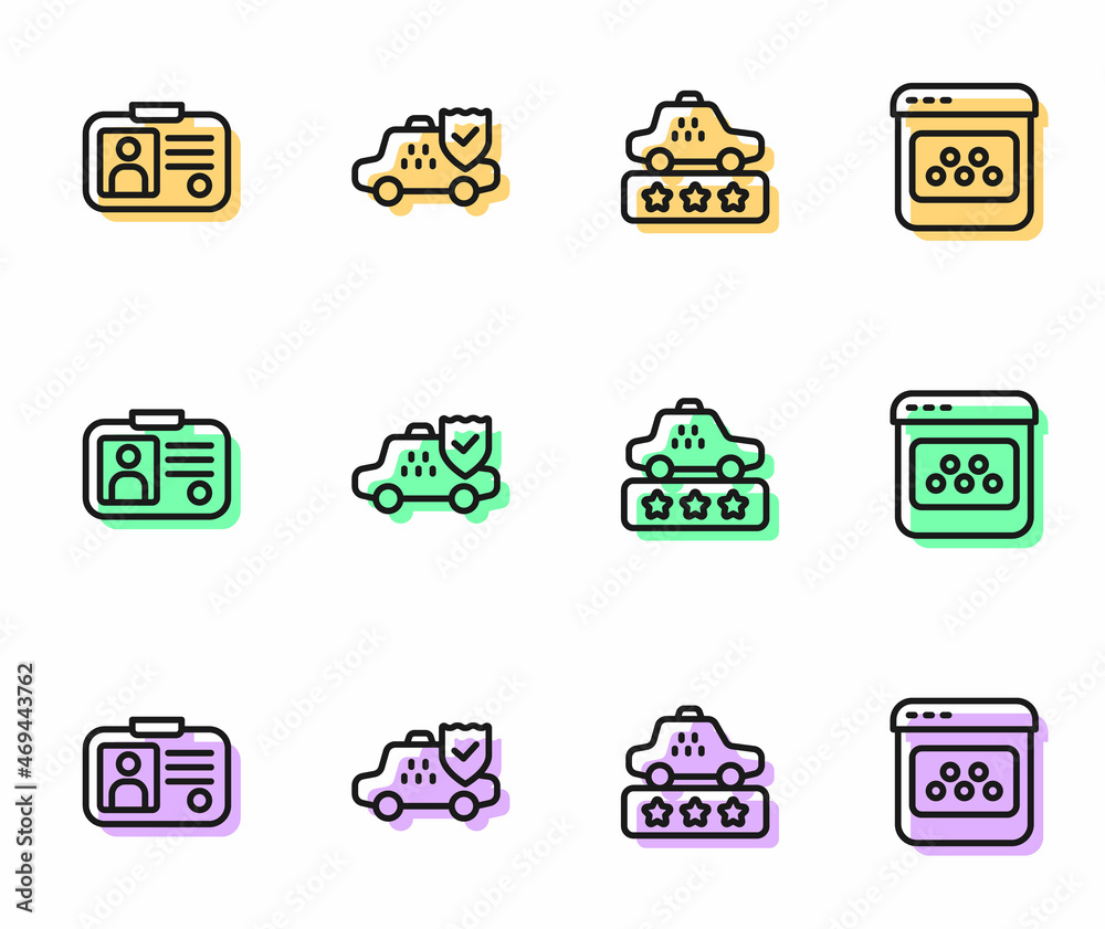 Set line Taxi service rating, driver license, car insurance and mobile app icon. Vector Set line Taxi service rating, driver license, car insurance and mobile app icon. Vector