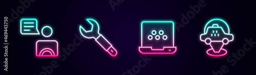 Set line Taxi driver, Wrench spanner, mobile app and Location taxi car. Glowing neon icon. Vector