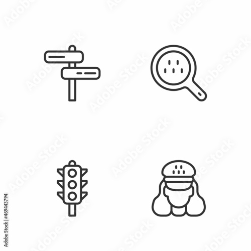 Set line Taxi driver, Traffic light, Road traffic sign and Search taxi icon. Vector