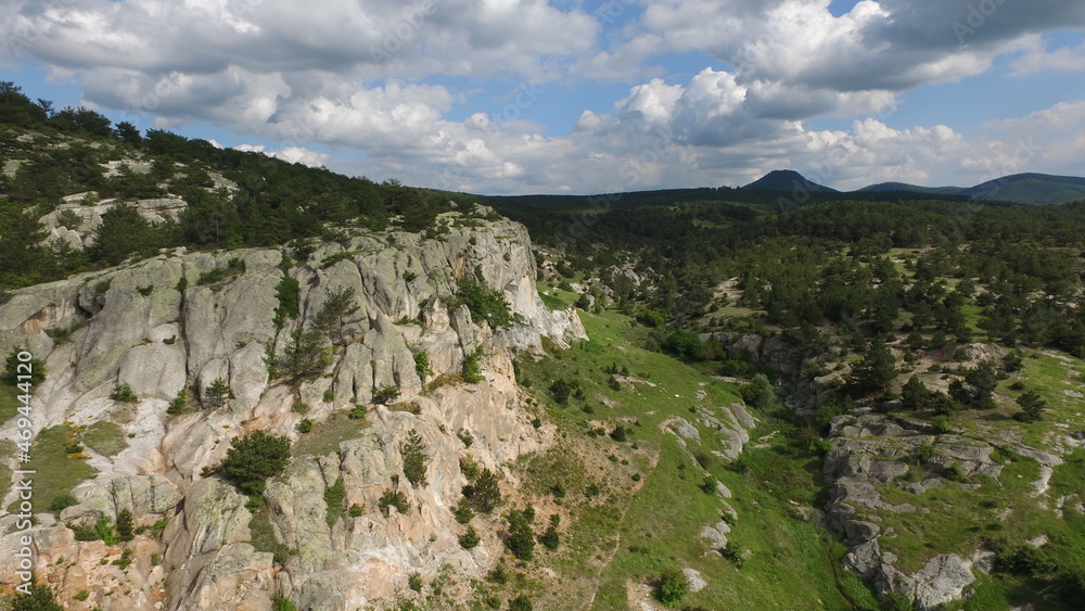 Historical ancient Phrygian (Phrygian Valley, Gordion) Valley. Spectacular natural beauty and monuments, structures, houses carved into the rocks. Aerial view, Kütahya Province – TURKEY