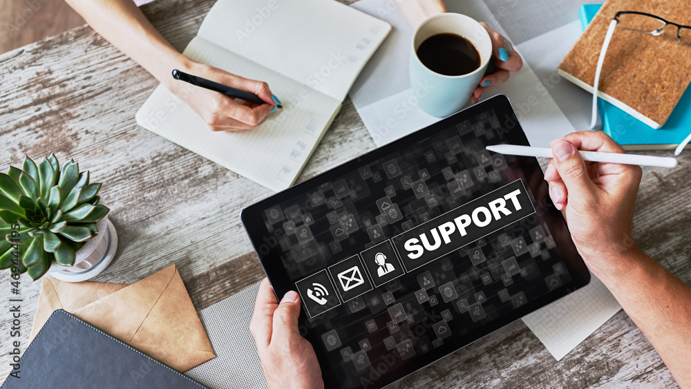 Technical support icons on screen. Call to help center. Internet and technology concept. Technical support icons on screen. Call to help center. Internet and technology concept.