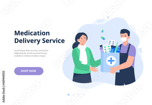 A courier in a mask gives an order with drugs to a woman. Medical treatment. Online pharmacy, delivery drugs, prescription medicines order. Vector flat illustration for banners, landing page.