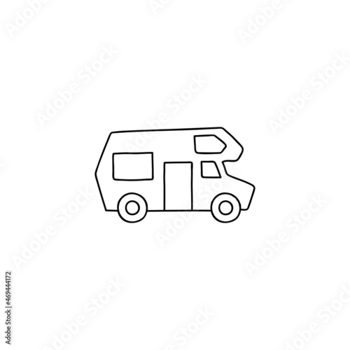 Bus, camp, camper icon, campsite car symbol in flat black line style, isolated on white 
